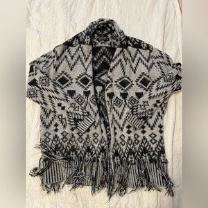 Cotton On- black and gray printed cardigan, fringe, size small